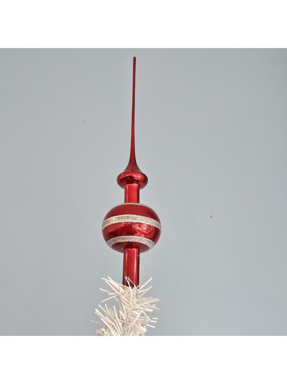 Vintage Glass Christmas Tree Topper Red With Silver Glitter Stripes 11.5" Long